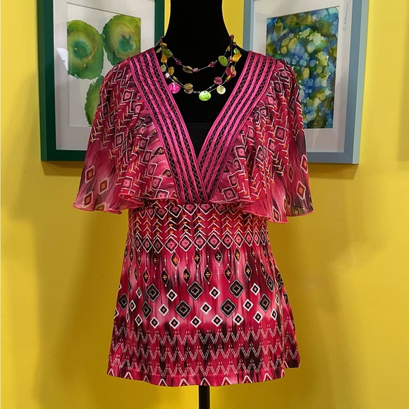 Notations Tops - Notations Multicolor Geometric Print Flutter Sleeved Blouse Size Small